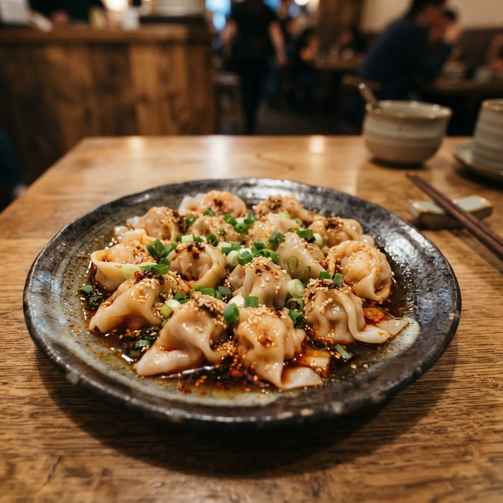 Plate of Chinese dumplings and wontons in chili oil sauce