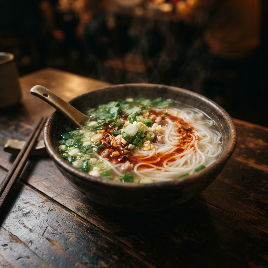 Steaming bowl of Chinese rice noodle soup with chili oil and scallions